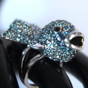 Pave Fish Ring Blue Black AB Stones